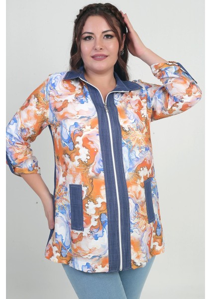 Kadın Önü Fermuarlı Desenli Büyük Beden Kot Gömlek fırsatları