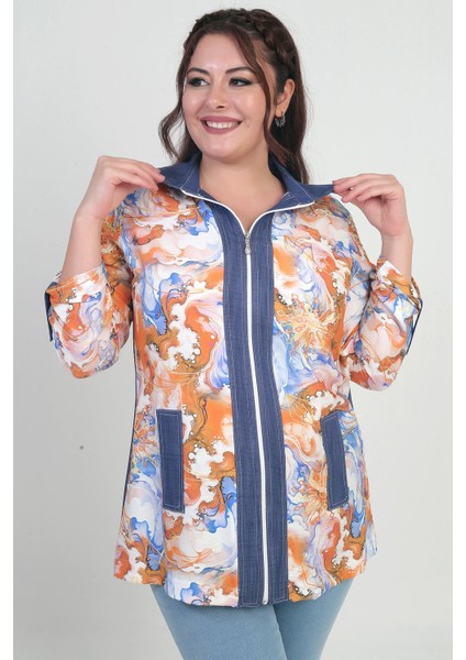 Kadın Önü Fermuarlı Desenli Büyük Beden Kot Gömlek indirimleri