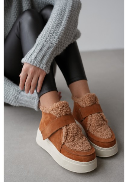 Marvil Hakiki Süet Peluş Detaylı Cırt Cırtlı Kadın Bot- Taba fiyatları