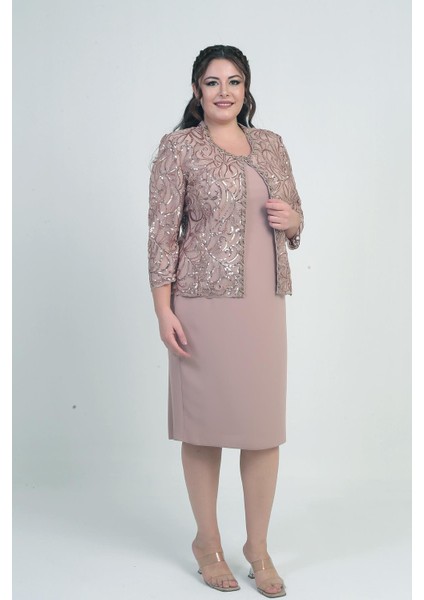 Kadın Pul Işlemeli Boncuk Detaylı Tül Ceket Yarım Ay Kollu Kısa Elbise Astarlı Krep Büyük Beden 2'li Takım fiyatları