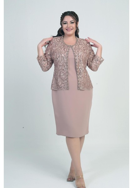 Kadın Pul Işlemeli Boncuk Detaylı Tül Ceket Yarım Ay Kollu Kısa Elbise Astarlı Krep Büyük Beden 2'li Takım modelleri