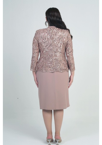 Kadın Pul Işlemeli Boncuk Detaylı Tül Ceket Yarım Ay Kollu Kısa Elbise Astarlı Krep Büyük Beden 2'li Takım fırsatları