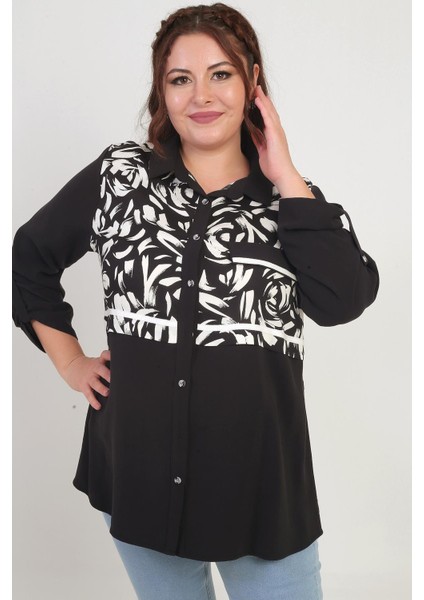 Kadın Kol Katlamalı Fırça Desenli Cep Kapaklı Büyük Beden Gömlek