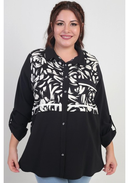 Kadın Kol Katlamalı Fırça Desenli Cep Kapaklı Büyük Beden Gömlek modelleri