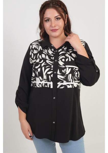 Kadın Kol Katlamalı Fırça Desenli Cep Kapaklı Büyük Beden Gömlek indirimleri