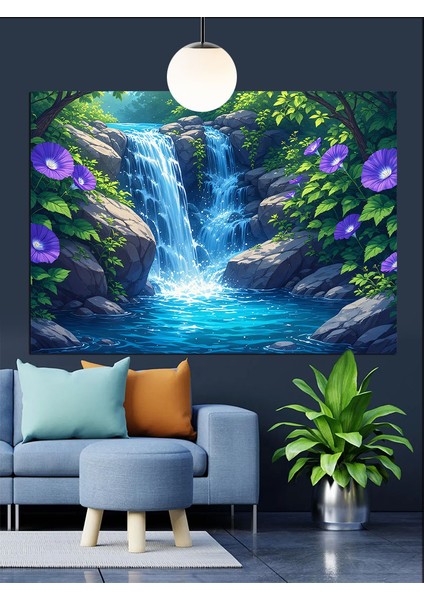 Şelaleli Orman Doğa Manzarası Dekoratif Kanvas - Mdf Ahşap Tablo