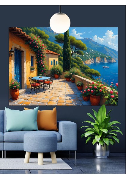 Akdeniz Sokakları Çiçekli Evler Dekoratif Kanvas - Mdf Ahşap Tablo