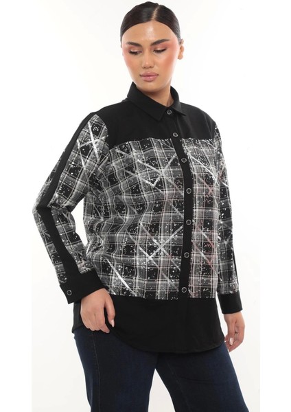 Şık Ekose Detaylı Uzun Kollu Büyük Beden Kadın Gömlek