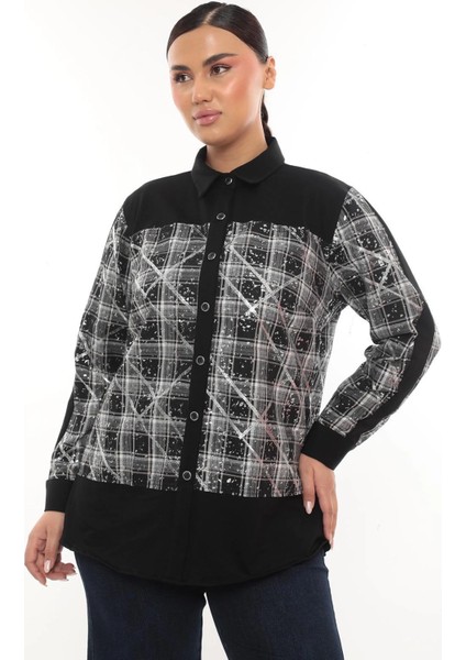 Şık Ekose Detaylı Uzun Kollu Büyük Beden Kadın Gömlek modelleri