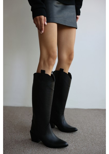 Amaya Gerçek Deri Kadın Çizme- Siyah