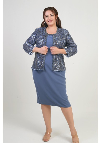 Kadın Pul Işlemeli Boncuk Detaylı Tül Ceket Yarım Ay Kollu Kısa Elbise Astarlı Krep Büyük Beden 2'li Takım