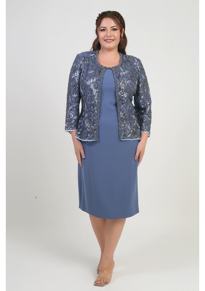 Kadın Pul Işlemeli Boncuk Detaylı Tül Ceket Yarım Ay Kollu Kısa Elbise Astarlı Krep Büyük Beden 2'li Takım fiyatları