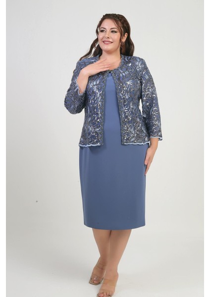 Kadın Pul Işlemeli Boncuk Detaylı Tül Ceket Yarım Ay Kollu Kısa Elbise Astarlı Krep Büyük Beden 2'li Takım modelleri