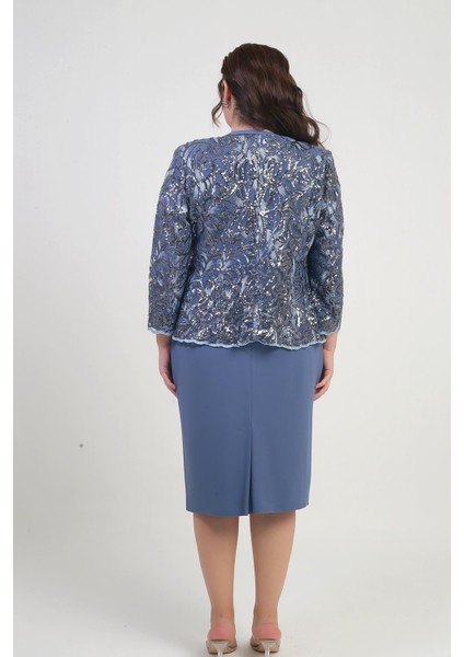 Kadın Pul Işlemeli Boncuk Detaylı Tül Ceket Yarım Ay Kollu Kısa Elbise Astarlı Krep Büyük Beden 2'li Takım fırsatları