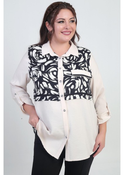 Kadın Kol Katlamalı Fırça Desenli Cep Kapaklı Büyük Beden Gömlek fiyatları