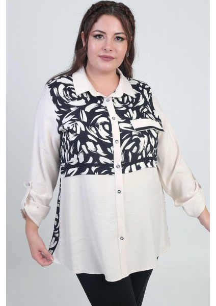 Kadın Kol Katlamalı Fırça Desenli Cep Kapaklı Büyük Beden Gömlek modelleri