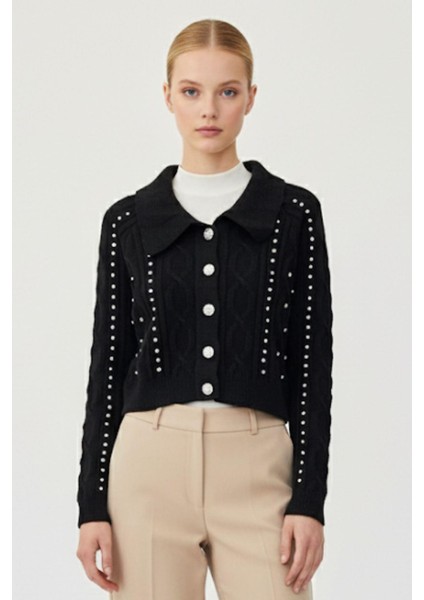 Siyah Kadın Taş İşlemeli Örgü Hırka 7265