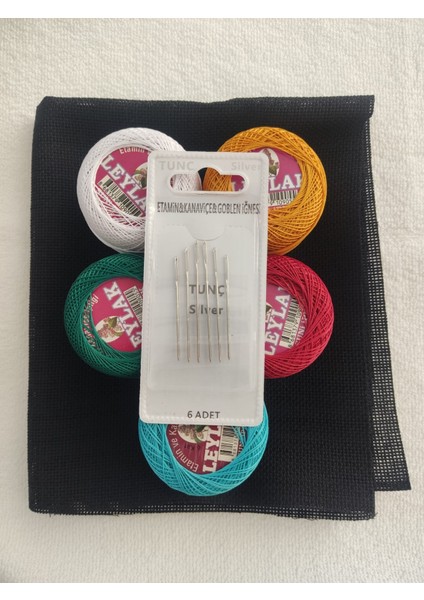 Etamin (Kanaviçe) Başlangıç Seti - 5 Parça Renkli Ip +Siyah Etamin Kumaş + Iğne Seti
