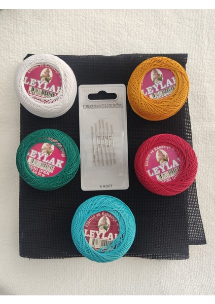 Etamin (Kanaviçe) Başlangıç Seti - 5 Parça Renkli Ip +Siyah Etamin Kumaş + Iğne Seti fiyatları