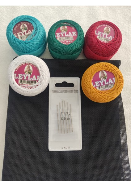 Etamin (Kanaviçe) Başlangıç Seti - 5 Parça Renkli Ip +Siyah Etamin Kumaş + Iğne Seti modelleri