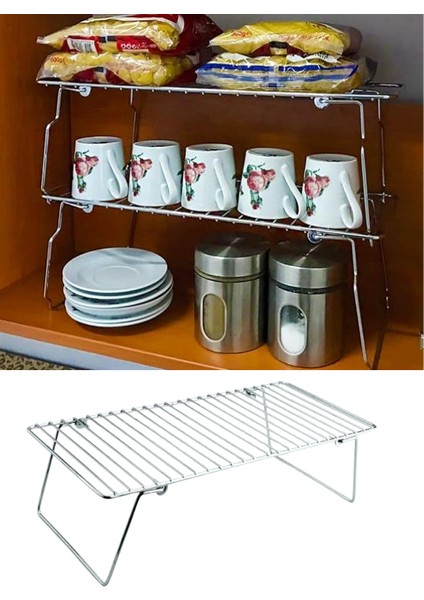 Ayaklı Metal Dolap Içi Tezgah Üstü Kavanoz Kupa Bardak Tel Rafı-Krom