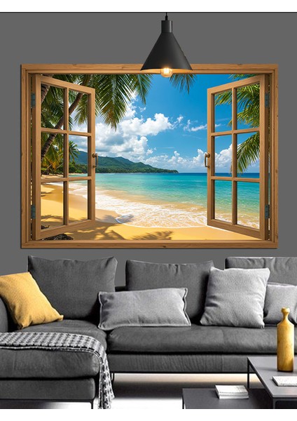 Pencereden Görünen Tropik Sahil Dekoratif Kanvas - Mdf Ahşap Tablo