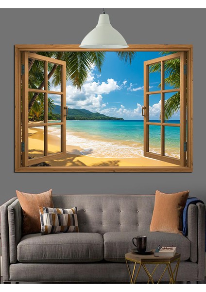 Pencereden Görünen Tropik Sahil Dekoratif Kanvas - Mdf Ahşap Tablo fiyatları