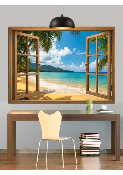 Pencereden Görünen Tropik Sahil Dekoratif Kanvas - Mdf Ahşap Tablo modelleri