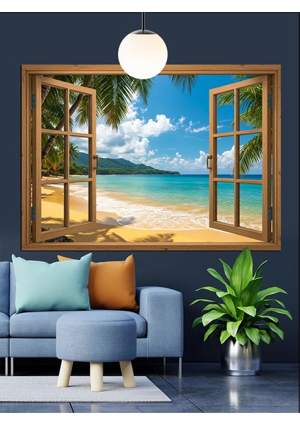 Pencereden Görünen Tropik Sahil Dekoratif Kanvas - Mdf Ahşap Tablo fırsatları