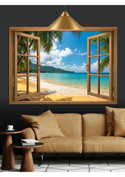 Pencereden Görünen Tropik Sahil Dekoratif Kanvas - Mdf Ahşap Tablo indirimleri