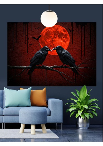 Kırmızı Ay Altında Iki Karga Dekoratif Kanvas - Mdf Ahşap Tablo