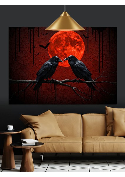 Kırmızı Ay Altında Iki Karga Dekoratif Kanvas - Mdf Ahşap Tablo fiyatları