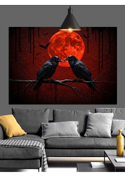 Kırmızı Ay Altında Iki Karga Dekoratif Kanvas - Mdf Ahşap Tablo modelleri