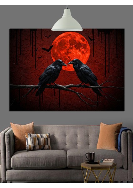 Kırmızı Ay Altında Iki Karga Dekoratif Kanvas - Mdf Ahşap Tablo fırsatları
