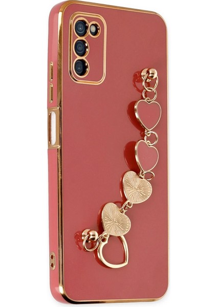 Samsung Galaxy A03S Elegant Charm Case (Kalpli Zincirli Kılıf) Elegant Silicone Cover - Kırmızı