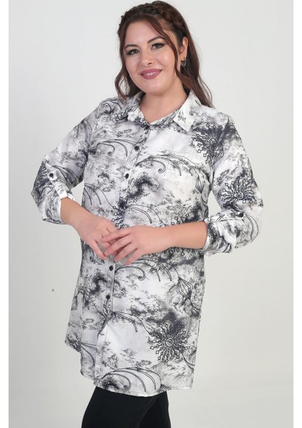 Kadın Kol Katlamalı Batik Desenli Büyük Beden Uzun Gömlek