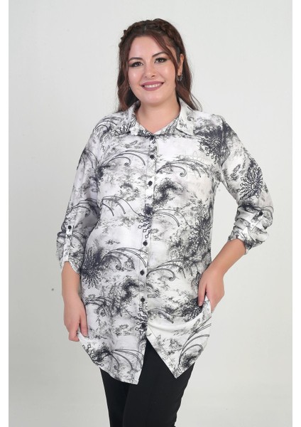 Kadın Kol Katlamalı Batik Desenli Büyük Beden Uzun Gömlek fiyatları
