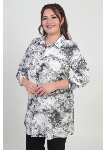 Kadın Kol Katlamalı Batik Desenli Büyük Beden Uzun Gömlek modelleri