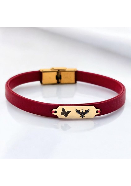 14 Ayar Altın Plakalı Kral Kartal Temalı Kırmızı Derili Kelebek Motifli Hediye BILEKLIK-652SEMBOL fiyatları