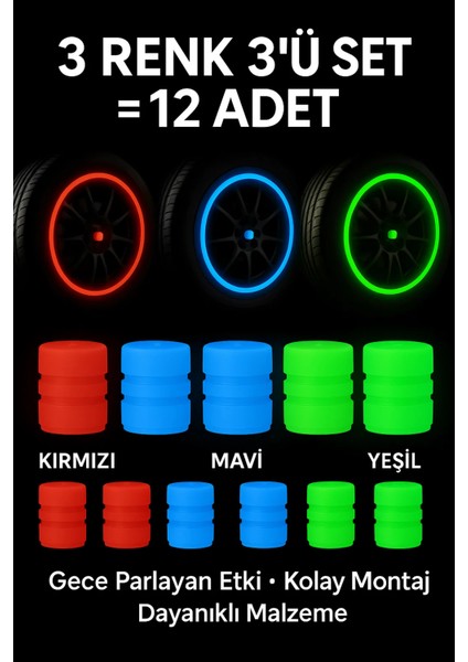 Fosforlu Gece Parlayan 3 Renk 4’lü Set (12 Adet) Sibop Kapağı – Kırmızı Mavi Yeşil