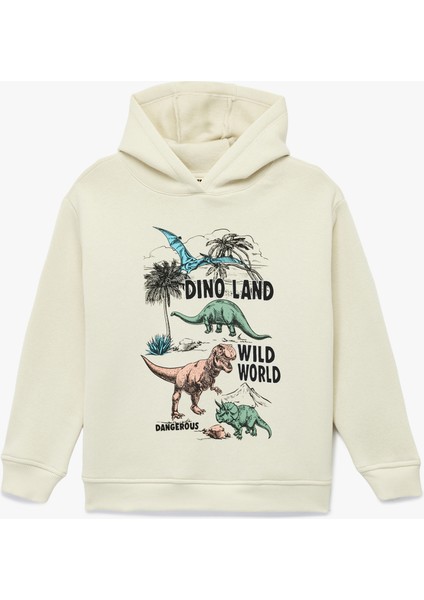 Şardonlu Dinozor Baskılı Uzun Kollu Kapşonlu Sweatshirt