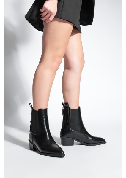 Kadın Sivri Burun Lastikli Kovboy Arkadan Fermuarlı Topuklu Western Bot Esoma Siyah