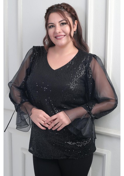 Kadın V Yaka Kolları Organze Pulpayet Büyük Beden Bluz fiyatları