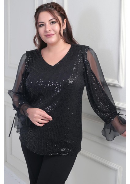 Kadın V Yaka Kolları Organze Pulpayet Büyük Beden Bluz fırsatları