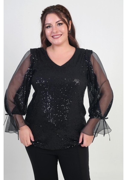 Kadın V Yaka Kolları Organze Pulpayet Büyük Beden Bluz indirimleri