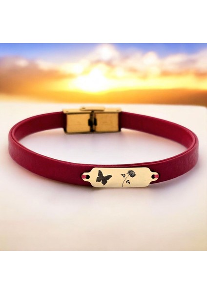 Altın Plakalı 14 Ayar Gül Temalı Kelebek Motifli Kırmızı Derili Hediye BILEKLIK-652SEMBOL fiyatları
