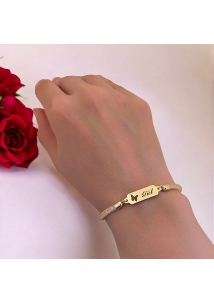 14 Ayar Altın Plakalı Gül Ismine Özel Hasır Kordonlu Kelebek Motifli Hediye BILEKLIK-647ISIM