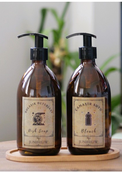 3lü Set Vintage Etiket Boş Amber Cam Şişe Bulaşık Deterjanlık Çamaşır Suyu 2X500ML Ahşap Altlık