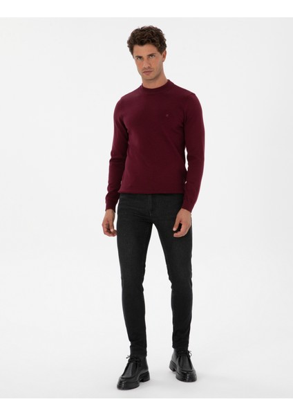 Erkek Mor Slim Fit Çeyrek Yaka Basic Triko Kazak 50315456-VR177 fırsatları
