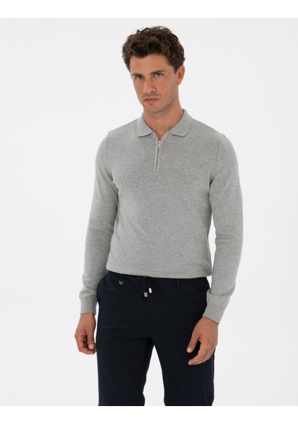 Erkek Gri Melanj Slim Fit Polo Yaka Fermuarlı Basic Triko Kazak 50315406-VR086